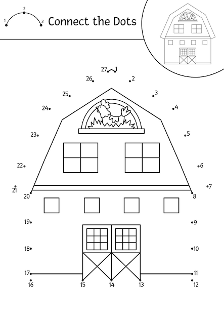 Vektor-punkt- und farbaktivität mit niedlichem scheunenhaus auf dem bauernhof verbinde die punkte spiel für kinder mit lustigem schuppen ländliches land zum ausmalen für kinder arbeitsblatt zum ausdrucken xa