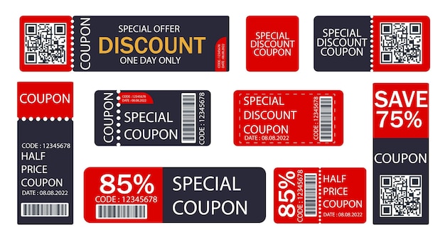 Vektor-Rabattgutschein zum halben Preis, Promo-Code, Geschenkgutschein und Gutscheinvorlage