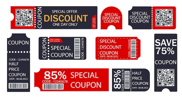 Vektor-Rabattgutschein zum halben Preis, Promo-Code, Geschenkgutschein und Gutscheinvorlage