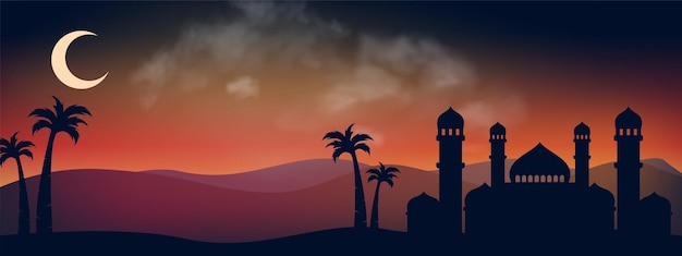 Vektor Ramadan-Nacht mit Dämmerungshimmel für die islamische Religion Islamische Grußkarte mit Kuppel-Moschee