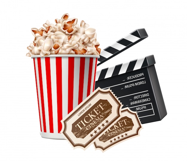 Vektor realistische Kinoplakat Popcorn Klappentafel Ticker