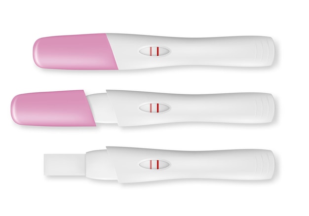 Vektor realistischer 3D-Schwangerschaftstest mit positivem Ergebnis Set Icon Closeup isoliert auf weißem Hintergrund Geschlossene und geöffnete Schwangerschaftstests Planen eines Baby-Mutterschafts- und Gesundheitskonzepts Ansicht von oben