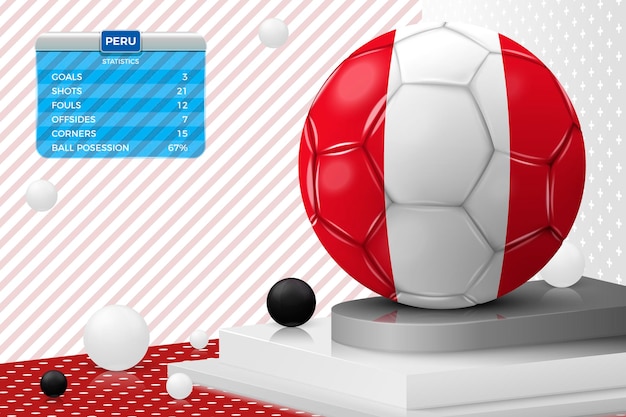 Vektor vektor realistischer fußballball 3d mit peru-flaggenanzeigetafel lokalisiert in der abstrakten szene der eckwand