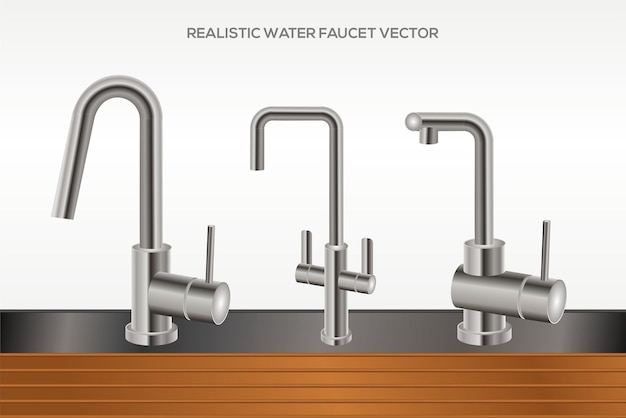 Vektor realistischer Wasserhahn mit Chromfarbe. hölzerne hintergrundillustration
