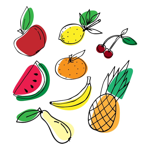 Vektor-reihe von illustrationen von früchten im doodle-stil. vektor-illustration