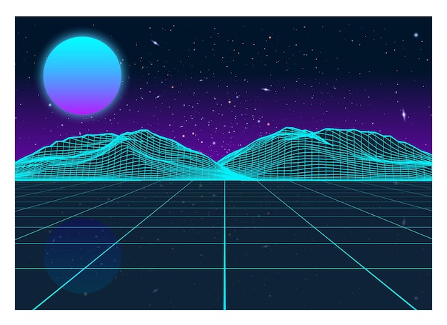 Vektor Retro Futurismus Alte VHS-Stil Landschaft Stil der 1980er Jahre Digitale Retro-Landschaft