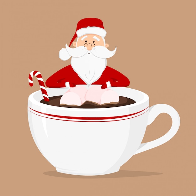Vektor santa claus und tasse kaffee mit marshmallow und zuckerstange isoliert