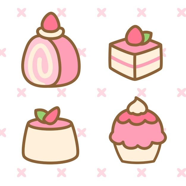 Vektor-satz der kawaii pink dessert illustration