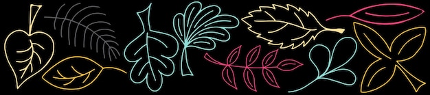 Vektor-Satz von farbenfrohen Doodle-Blättern Hand gezeichnet Blätter-Sammlung isoliert auf schwarzem Hintergrund