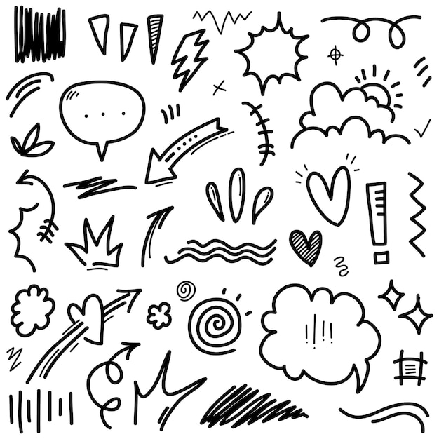 Vektor-Satz von handgezeichneten Zeichentrick-Ausdrücken, Zeichen-Droodle-Kurven, Richtungspfeile, Emoticon-Effekte, Designelemente, Zeichentrik-Charaktere, Emotionssymbole, niedliche dekorative Pinselstriche