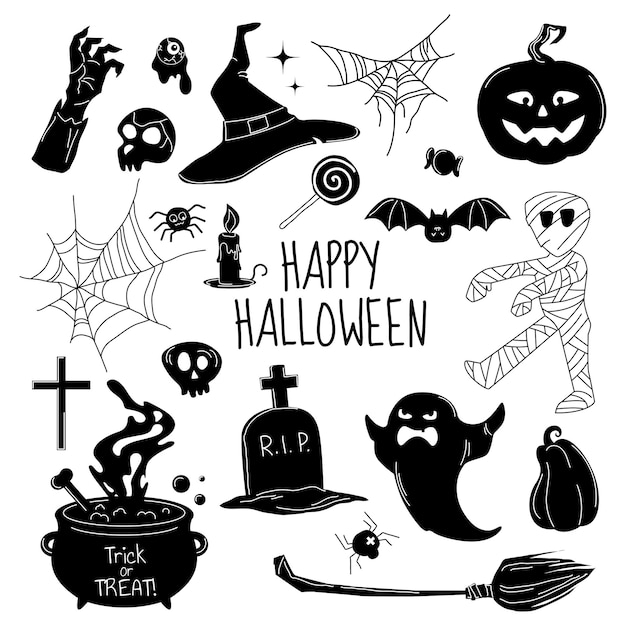 Vektor vektor-satz von silhouetten von halloween-figuren happy halloween großer satz von handgezeichneten horror-droodles