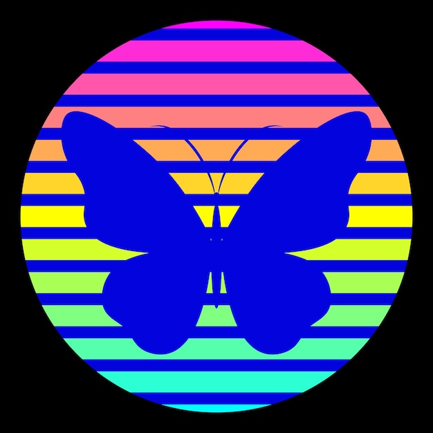 Vektor-schmetterling-silhouette im retro-scifi-stil. 80er jahre gestreifter neon-regenbogen-sonnenuntergang