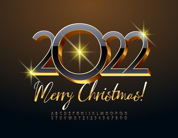 Vektor schöne grußkarte frohe weihnachten 2022 schwarz und gold alphabet buchstaben und zahlen gesetzt