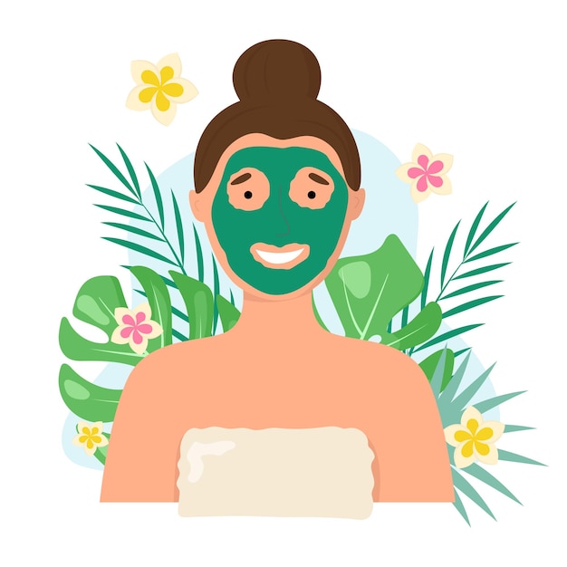 Vektor Schönheits-Spa-Komposition Frau auf Gesichtsmaske tropische Blätter Blumen auf Weiß