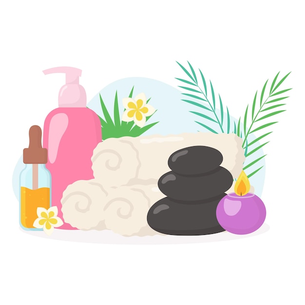 Vektor Schönheits-Spa-Salon-Komposition Kosmetikflaschen Handtücher Blumen Kerzen isoliert auf weiß