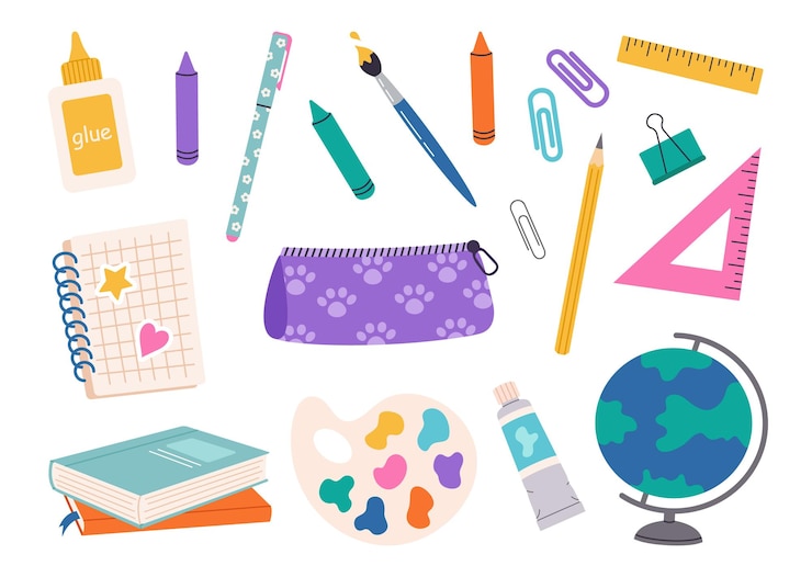 Vektor vektor-schulmittel-set zurück zur schule handgezeichneter aufkleber schulpapier cartoon-illustration