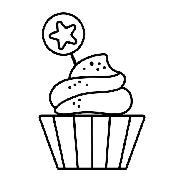 Vektor-schwarz-weiß-cupcake mit sternförmigem topper. nette lustige geburtstagsnachtischillustration für karte, druckdesign. feiertagslebensmittelillustration. muffin-liniensymbol isoliert auf weißem hintergrund.