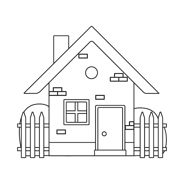 Vektor-Schwarz-Weiß-Illustration. Bild zum Ausmalen. Umriss eines Hauses mit einem Zaun. Illustration für Kinder