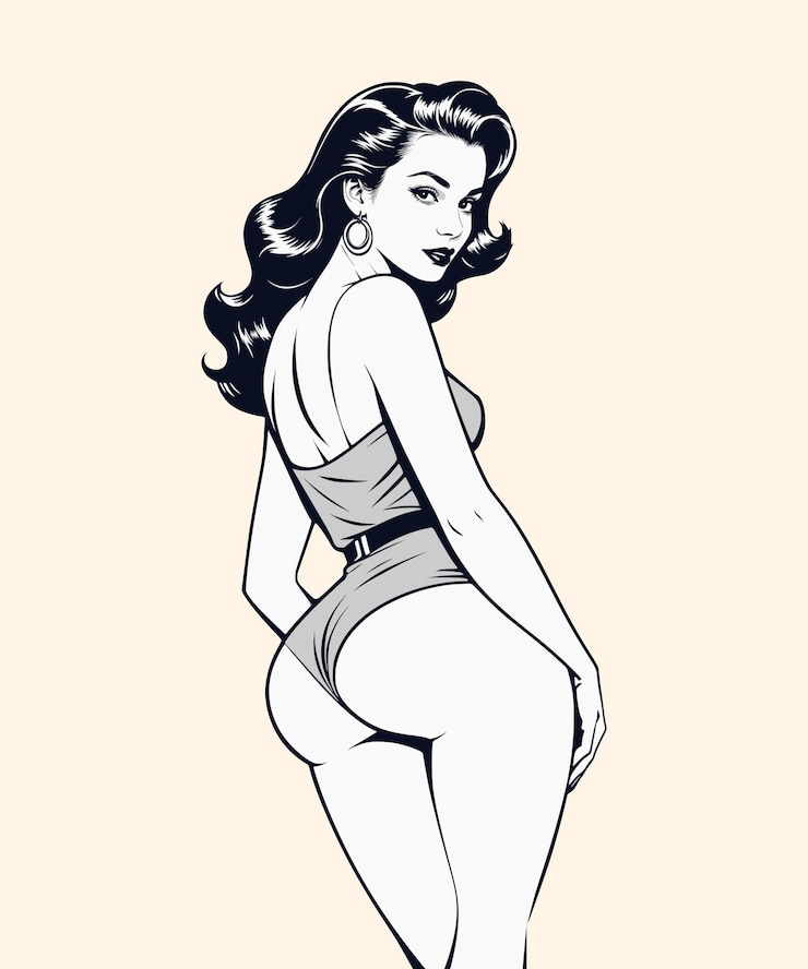 Vektor vektor-schwarz-weiß-illustration eines schönen mädchens im pinup-stil