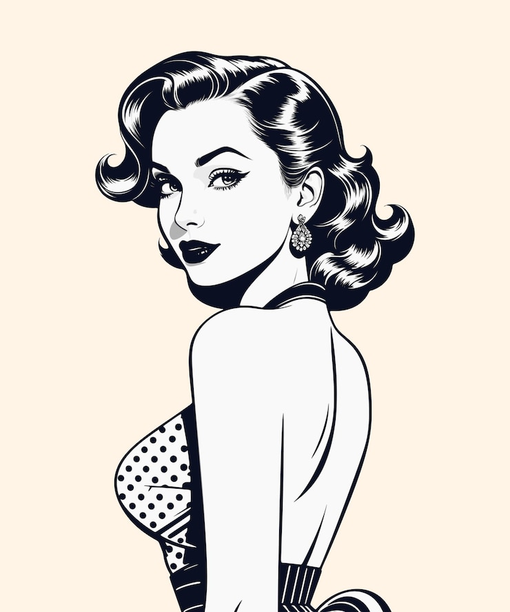 Vektor vektor-schwarz-weiß-illustration eines schönen mädchens im pinup-stil