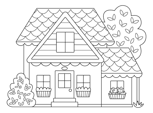 Vektor-schwarz-weiß-landhaus-liniensymbol isoliert auf weißem hintergrund farm cottage illustration oder malseite nettes holzhaus mit buschfenstern bäumen ländliche oder gartenlandschaft