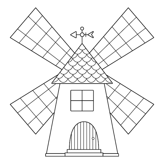 Vektor vektor-schwarz-weiß-windmühlensymbol isoliert auf weißem hintergrund line-windmühlenillustration niedliche umrisse bauernhaus zum mahlen von getreide ländliches gartennebengebäude bild oder malseite