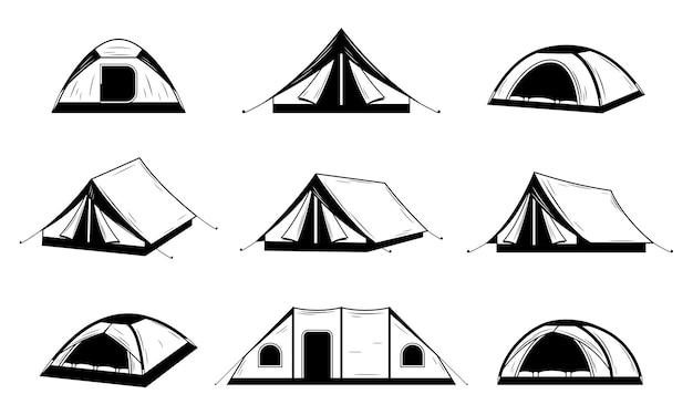 Vektor-schwarz-weiße campingzelt-symbole