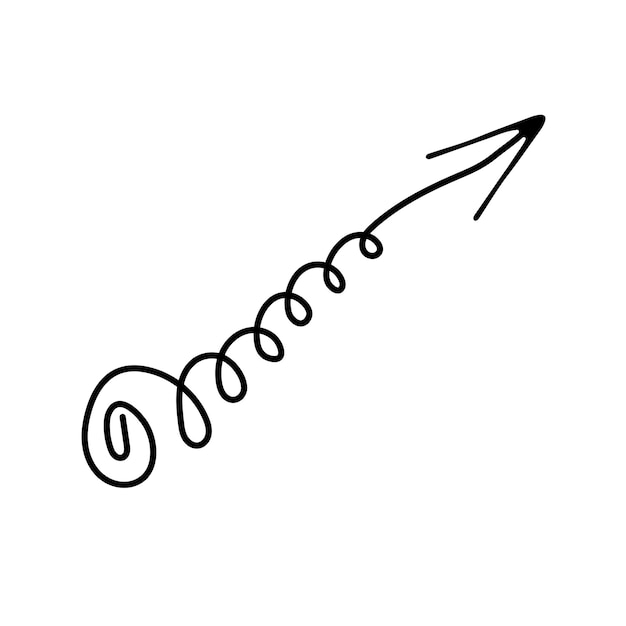Vektor vektor schwarzer pfeil im doodle-stil isoliertes symbol auf weißem hintergrund lockiges wirbelzeiger-designelement navigationszeichen layout-pinselpfeil