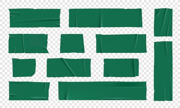Vektor-Set aus 3D-realistischem grünem Klebeband, zerrissenes Stück Tape auf durchsichtigem Hintergrund
