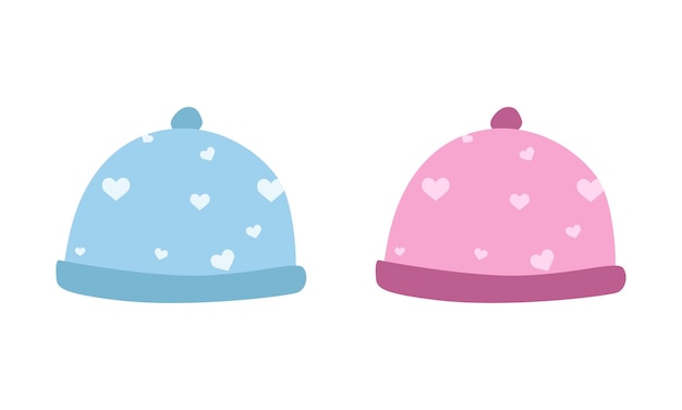 Vektor-set aus blauer und rosafarbener babymütze für jungen- und mädchen-cliparts. flache vektorkarikatur der babywintermützen