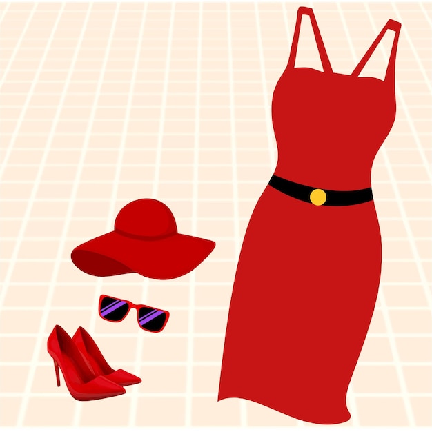 Vektor vektor-set aus rotem damenkleid mit hut, schuhen und brille