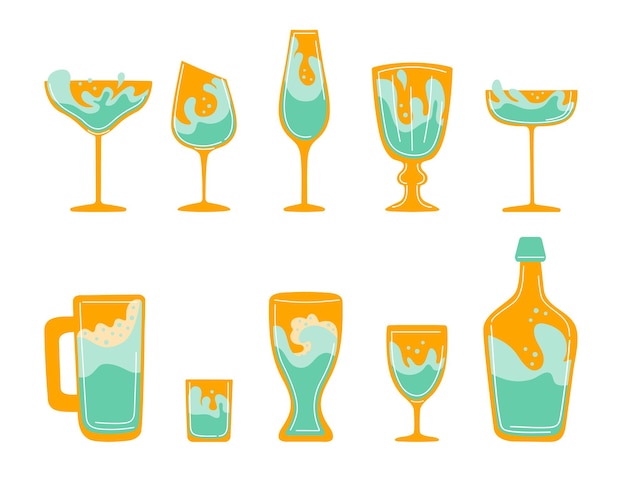 Vektor-Set Bundle Stemwares Gläser Sammlung isolierte flache Illustration auf weißem Hintergrund Champagner Weinflasche Martini Whisky Likör Biercocktail Brandy Symbole Form