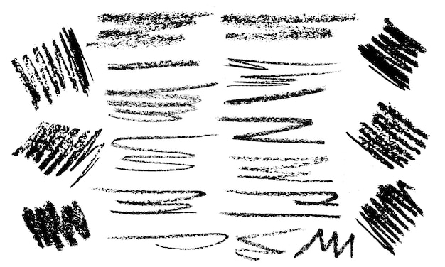 Vektor vektor-set lockige linien und schnörkel kohlestift scribble-pinselstriche schwarze bleistiftskizzen strichlinien schnörkel kleckse isoliert auf weißem hintergrund