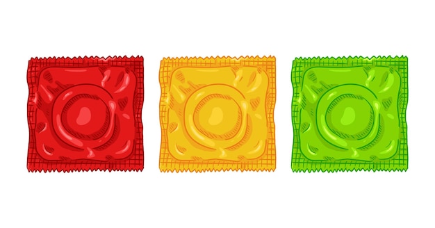 Vektor-Set mit drei farbigen Kondomen, rot, gelb und grün, Verhütungsmittel im Paket