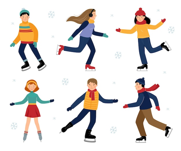Vektor-Set mit sechs Kindern Eislaufen auf einem weißen Hintergrund. Winterspaß.