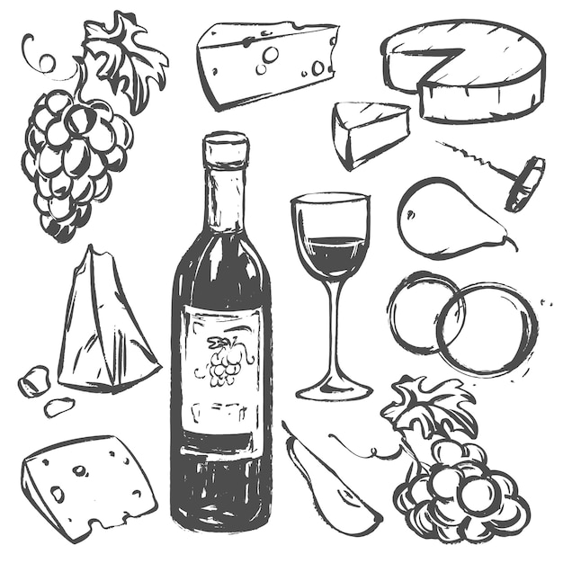 Vektor-Set mit Wein, Weinglas und Snack Trauben, Käse und Früchte im schnellen linearen Tinte-Sketch-Stil Clip-Art für das Restaurantmenü, Weinliste oder Einladung zur Verkostung