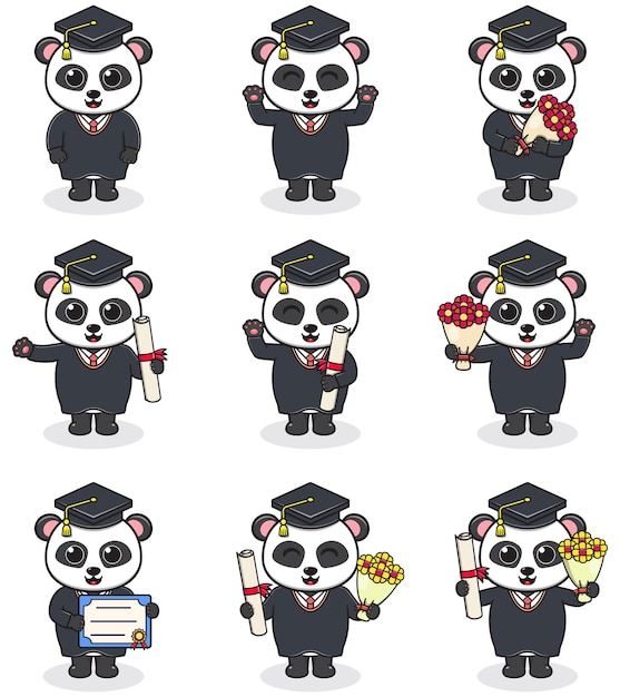 Vektor-set niedlicher pandas zum thema abschluss