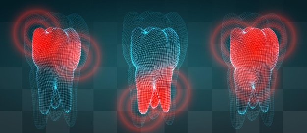 Vektor-Set von 3D-Zähnen auf dunklem Hintergrund Zahnschmerzen