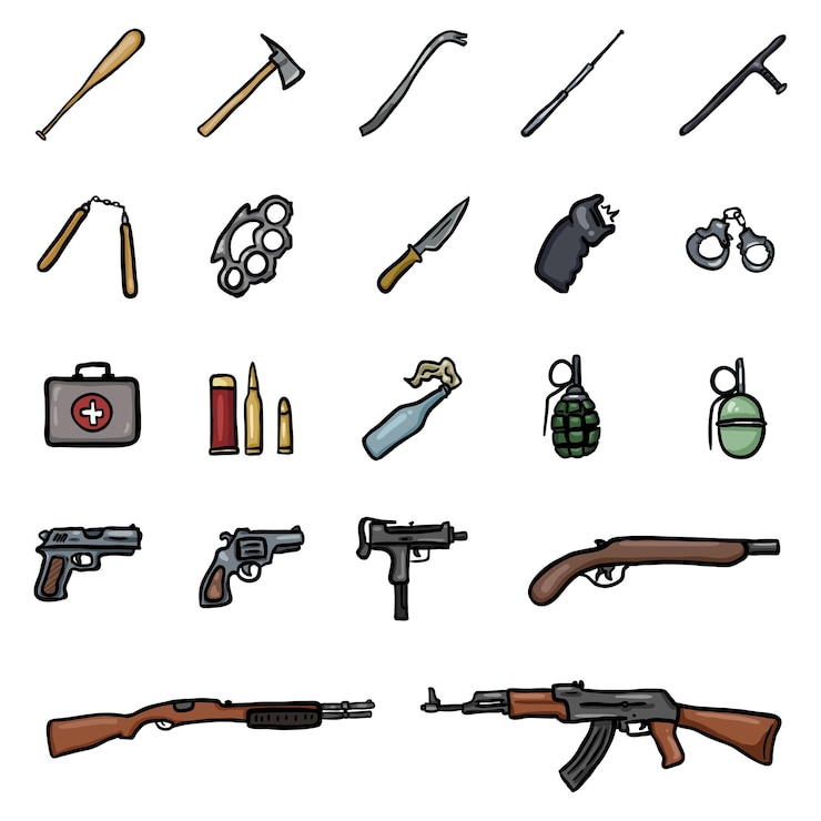 Vektor vektor-set von doodle-waffen-icons