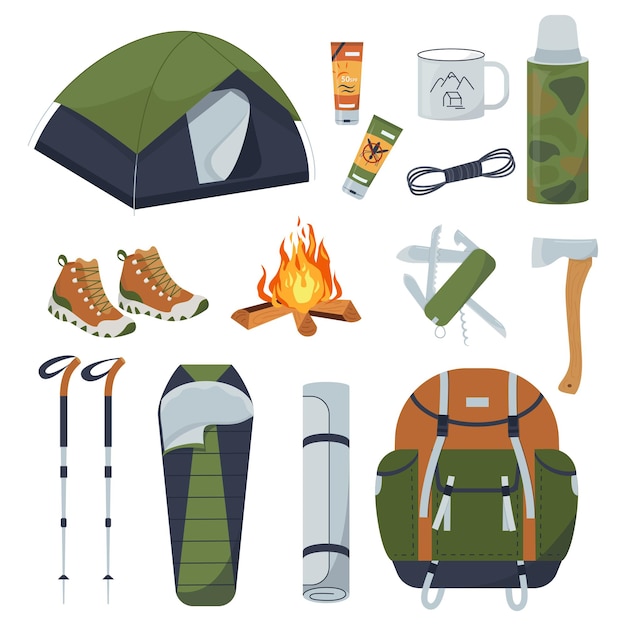 Vektor-set von elementen für touristisches camping oder wandern zeltsack-schlafsack nordic-walking-stöcke