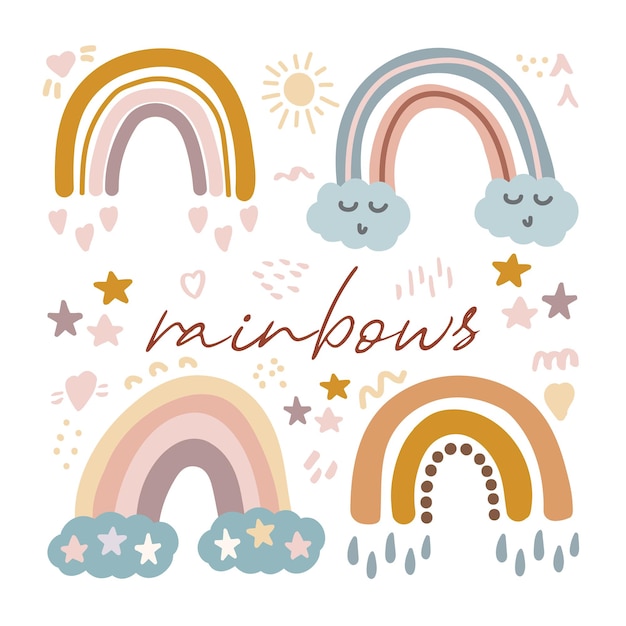 Vektor-Set von entzückenden Regenbogen-Cliparts im trendigen skandinavischen Stil Lustige süße Hygge-Illustration