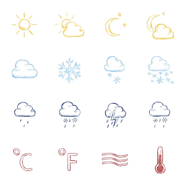 Vektor-set von farbskizzen-wettersymbolen