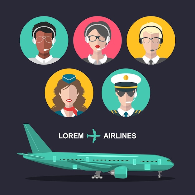 Vektor vektor-set von flugzeug- und kabinenpersonal und flughafen-team-symbolen im flachen stil männliche und weibliche avatare für die luftfahrt illustrationen stewardess pilot fluglotse