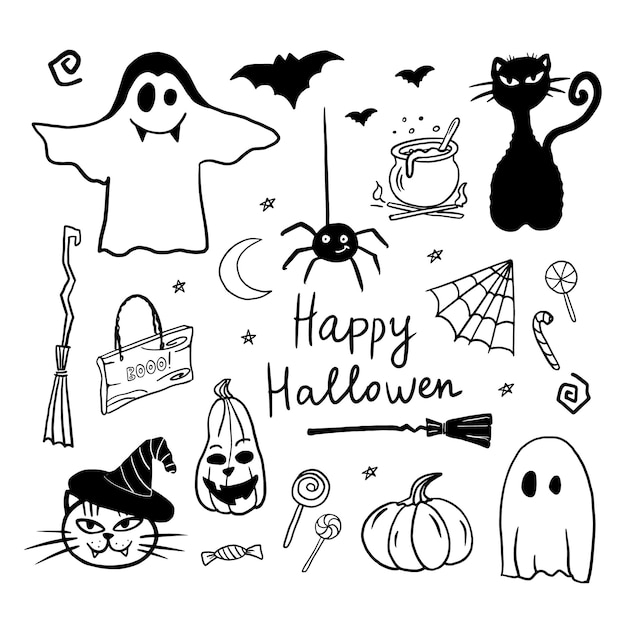 Vektor-Set von Halloween-Clipart im Doodle-Stil Lustige süße Illustration für das Design