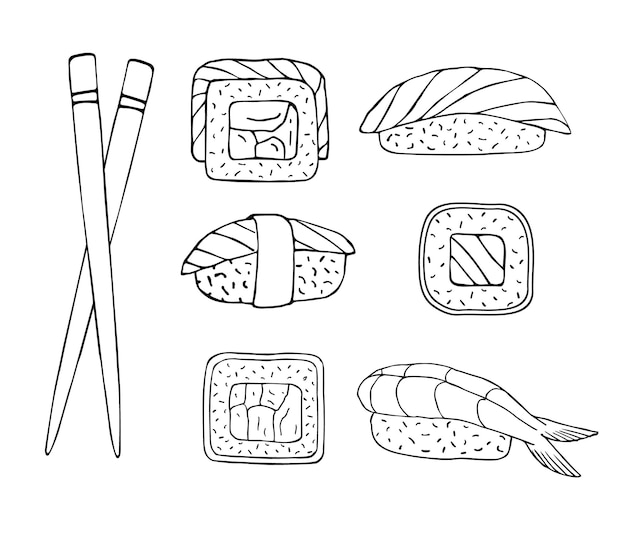 Vektor-set von handgezeichneten doodle-skizzen-sushi-rollen