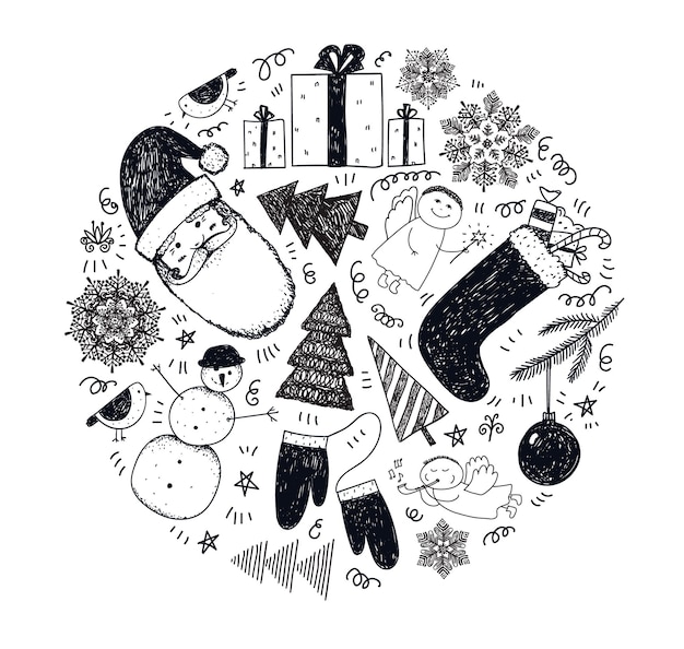 Vektor vektor-set von handgezeichneten doodle weihnachten neujahr illustrationen weihnachtsstrumpf präsentiert schneemann weihnachtsbäume schneeflocken