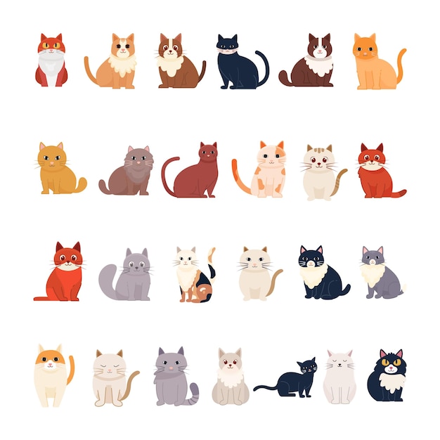 Vektor-Set von niedlichen Katzen, handgezeichneter Illustration von entzückenden katzenähnlichen Charakteren