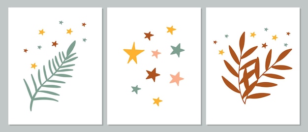 Vektor-set von postern mit zweigen und sternen im boho-stil für kinder. kinderzimmerdekoration im boho-stil. poster mit blättern. vektorillustration
