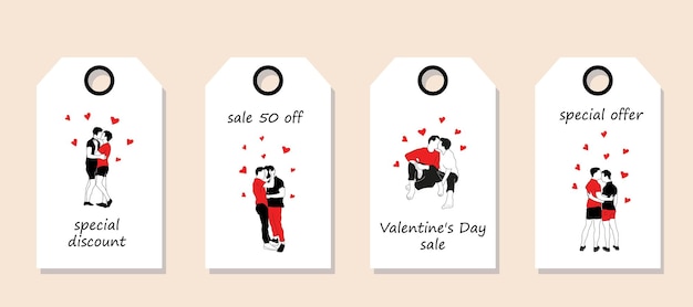 Vektor-Set von Rabatt-Preisschildern Etiketten mit schwulen verliebten Paaren Valentinstag-Ausverkauf