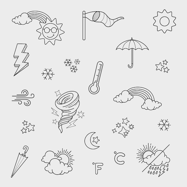 Vektor-Set von Wetter-Doodle-Elementen für Designzwecke